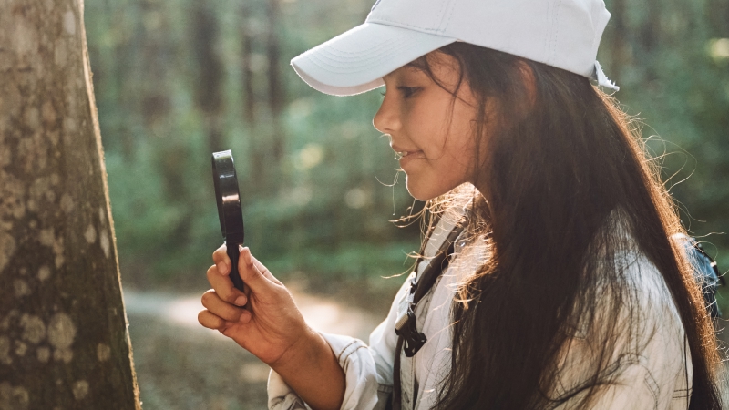 Girl with magnifying glass looking at tree trunk